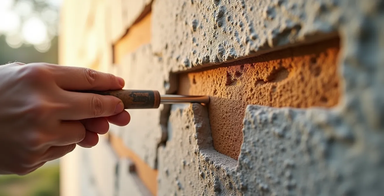 Coupe transversale d'un mur ancien montrant la perspirance et l'évacuation naturelle de l'humidité avec peinture écologique